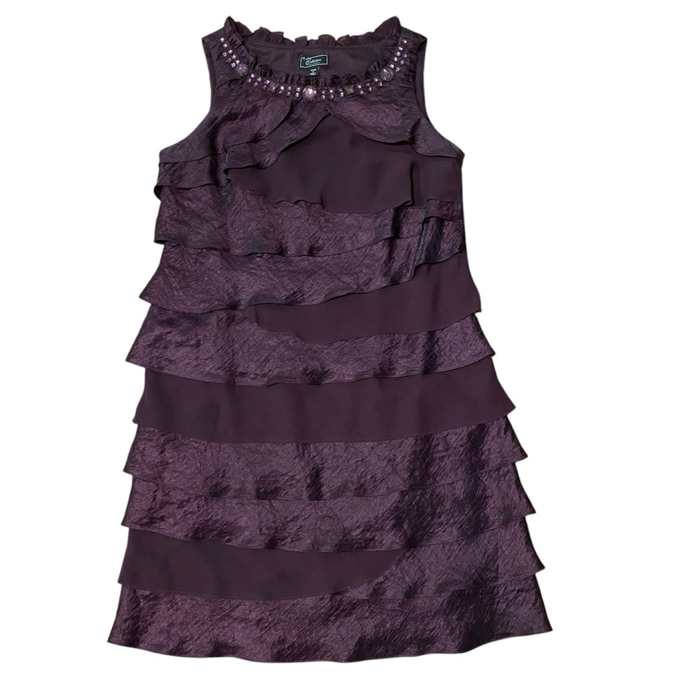 Collection Dressbarn Purple Party Dress Womens 16 Tiered Ruffle Beaded Crew Neck